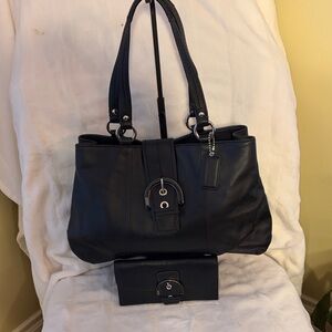 Coach Black Leather Shoulder Bag & Matching Wallet Set • Silver Hardware